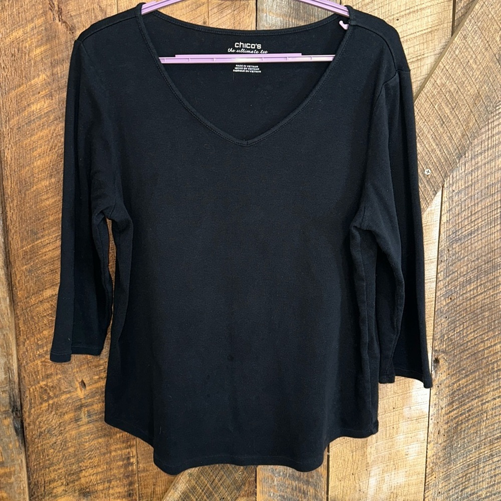 Chico’s Women’s Ultimate Tee V Neck 3/4 Sleeves size 2 100% Cotton Black